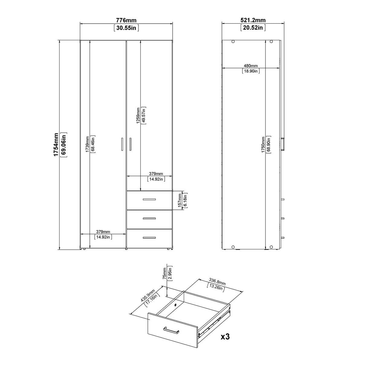Space Wardrobe with 2 doors + 3 drawers White 1750