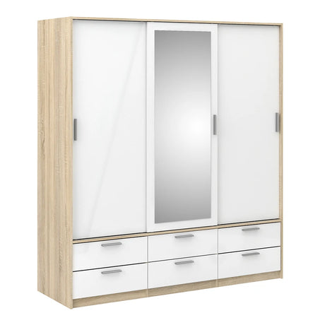 Line Wardrobe 3 Doors 6 Drawers in Oak with White High Gloss