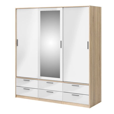 Line Wardrobe 3 Doors 6 Drawers in Oak with White High Gloss