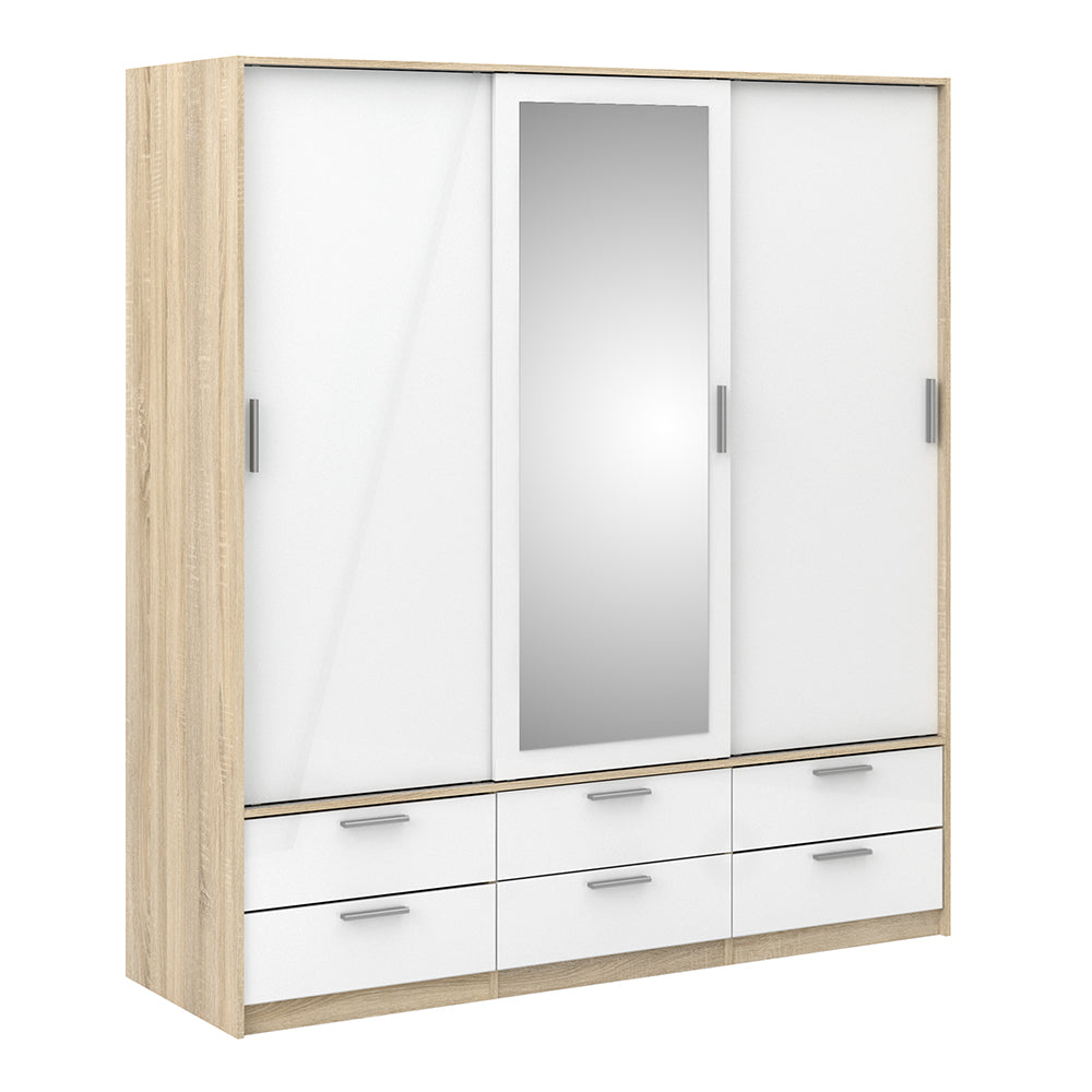 Line Wardrobe with 3 Doors 6 Drawers in Oak with White High Gloss