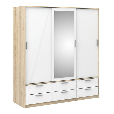 Line Wardrobe with 3 Doors 6 Drawers in Oak with White High Gloss