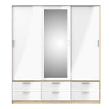 Line Wardrobe with 3 Doors 6 Drawers in Oak with White High Gloss