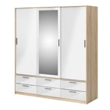 Line Wardrobe with 3 Doors 6 Drawers in Oak with White High Gloss