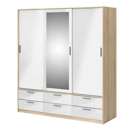 Line Wardrobe with 3 Doors 6 Drawers in Oak with White High Gloss