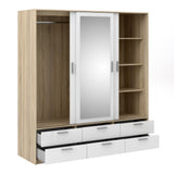 Line Wardrobe with 3 Doors 6 Drawers in Oak with White High Gloss