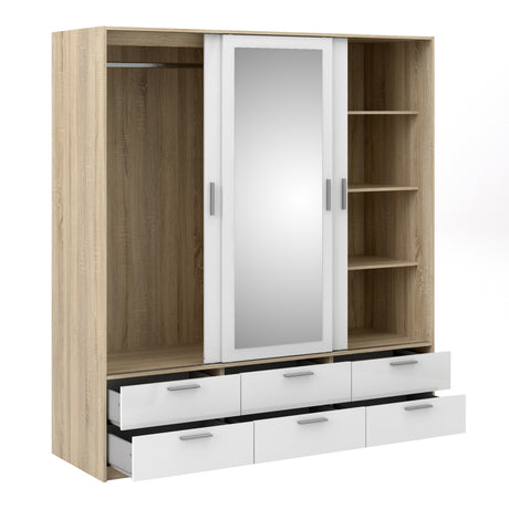 Line Wardrobe with 3 Doors 6 Drawers in Oak with White High Gloss