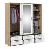 Line Wardrobe with 3 Doors 6 Drawers in Oak with White High Gloss