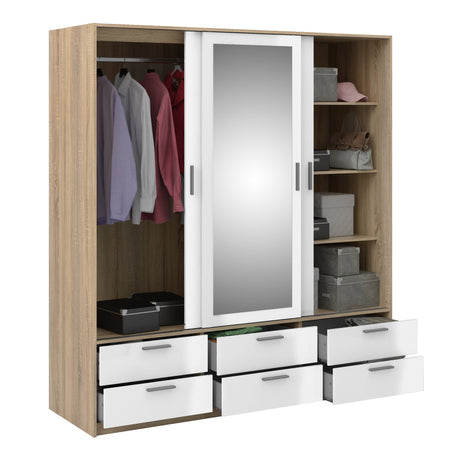 Line Wardrobe with 3 Doors 6 Drawers in Oak with White High Gloss