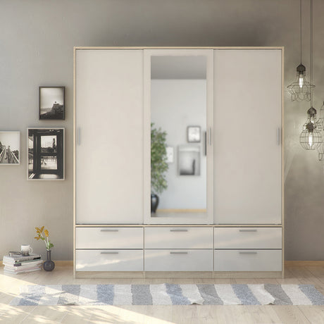 Line Wardrobe with 3 Doors 6 Drawers in Oak with White High Gloss