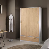 Line Wardrobe with 2 Doors 2 Drawers in White and Jackson Hickory Oak