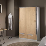 Line Wardrobe with 2 Doors 2 Drawers in White and Jackson Hickory Oak