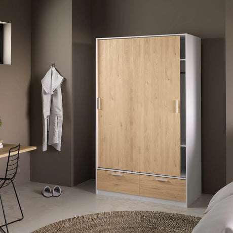 Line Wardrobe with 2 Doors 2 Drawers in White and Jackson Hickory Oak