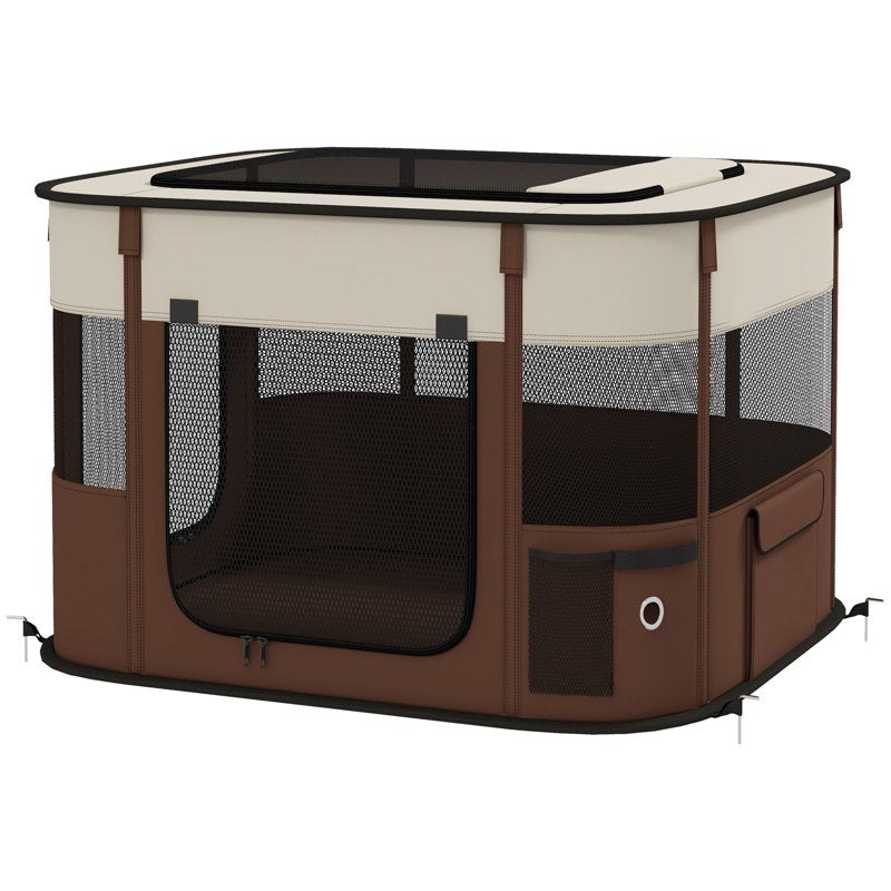 PawHut Foldable Dog Pen with Storage Bag for Indoor/Outdoor Use, Portable Pet playpen, with Ground Stakes - Brown