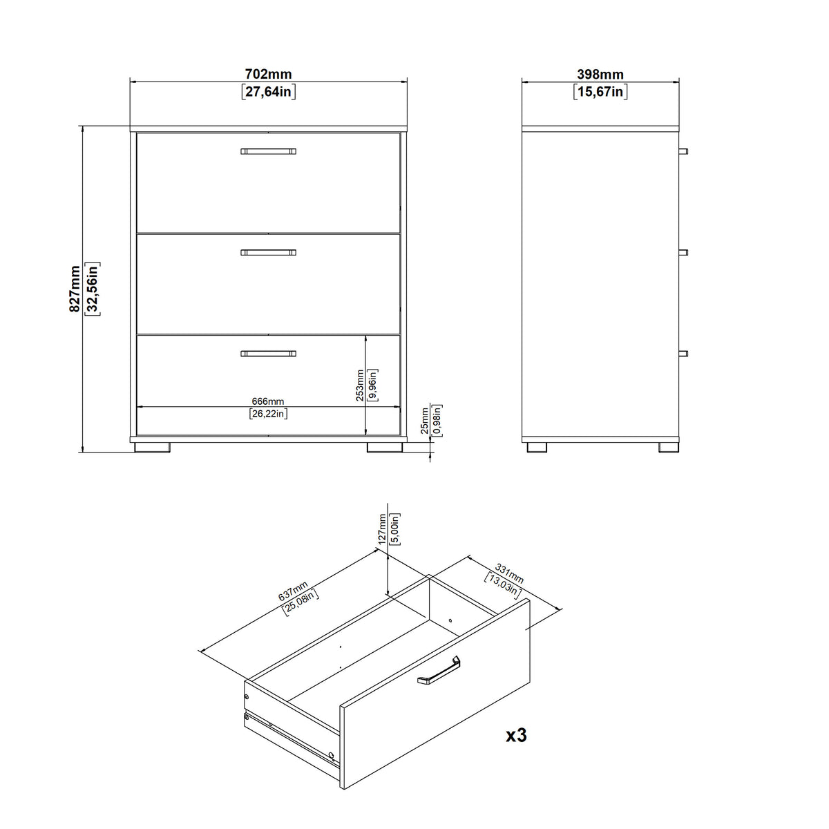 Sofia Chest 3 Drawers White