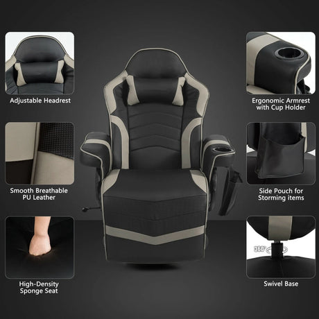 Electric Massage Gaming Chair with Cup Holder and Side Pouch-Grey
