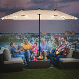 15 Ft Solar LED Patio Double-sided Umbrella Market Umbrella with Weight Base-Beige