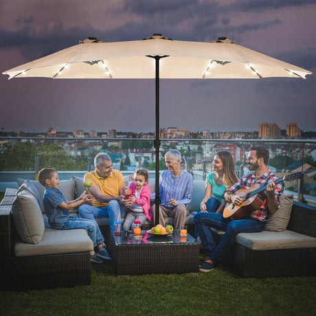 15 Ft Solar LED Patio Double-sided Umbrella Market Umbrella with Weight Base-Beige
