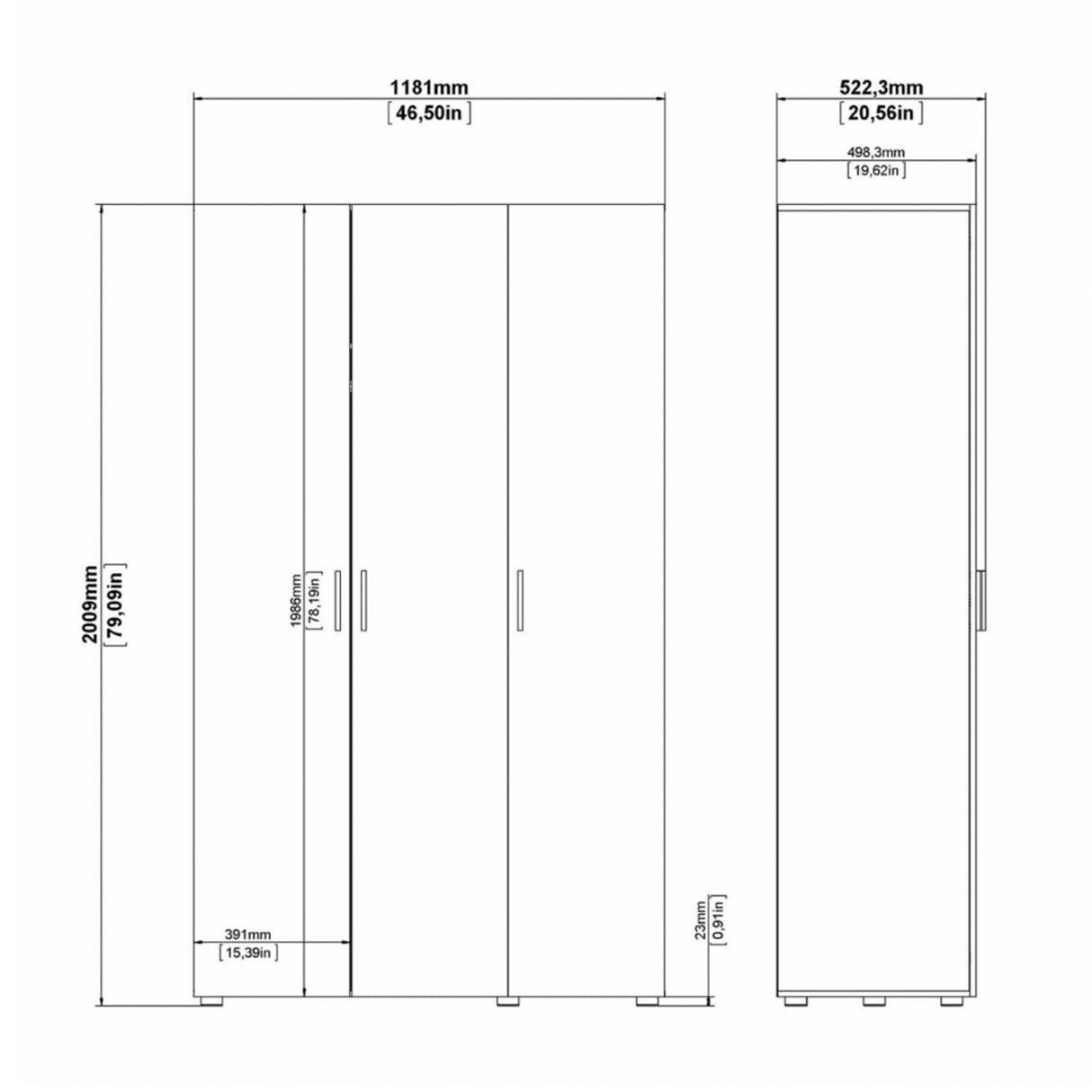 Pepe Wardrobe with 3 doors in Oak with White High Gloss