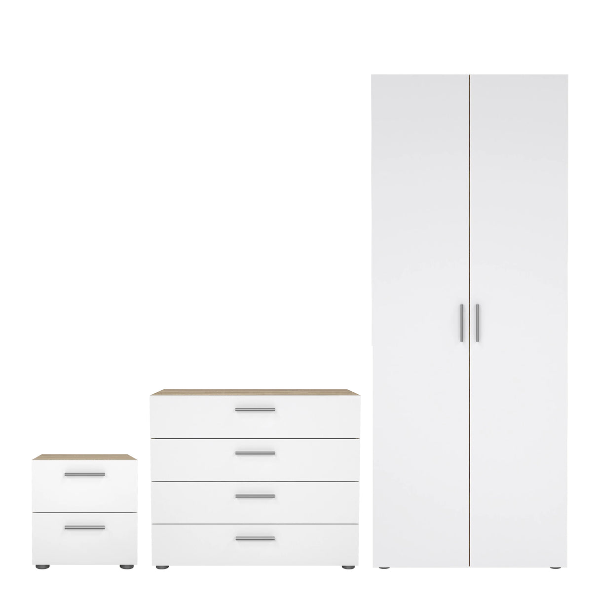 Pepe Package - Bedside 2 Drawers + Chest of 4 Drawers + Wardrobe with 2 Doors in Oak with White High Gloss