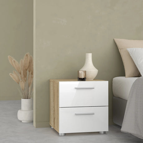 Pepe Package - Bedside 2 Drawers + Chest of 4 Drawers + Wardrobe with 2 Doors in Oak with White High Gloss