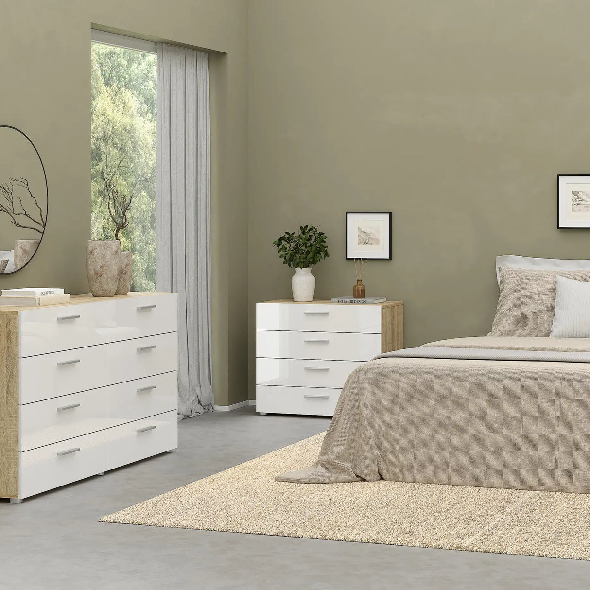 Pepe Package - Bedside 2 Drawers + Chest of 4 Drawers + Wardrobe with 2 Doors in Oak with White High Gloss