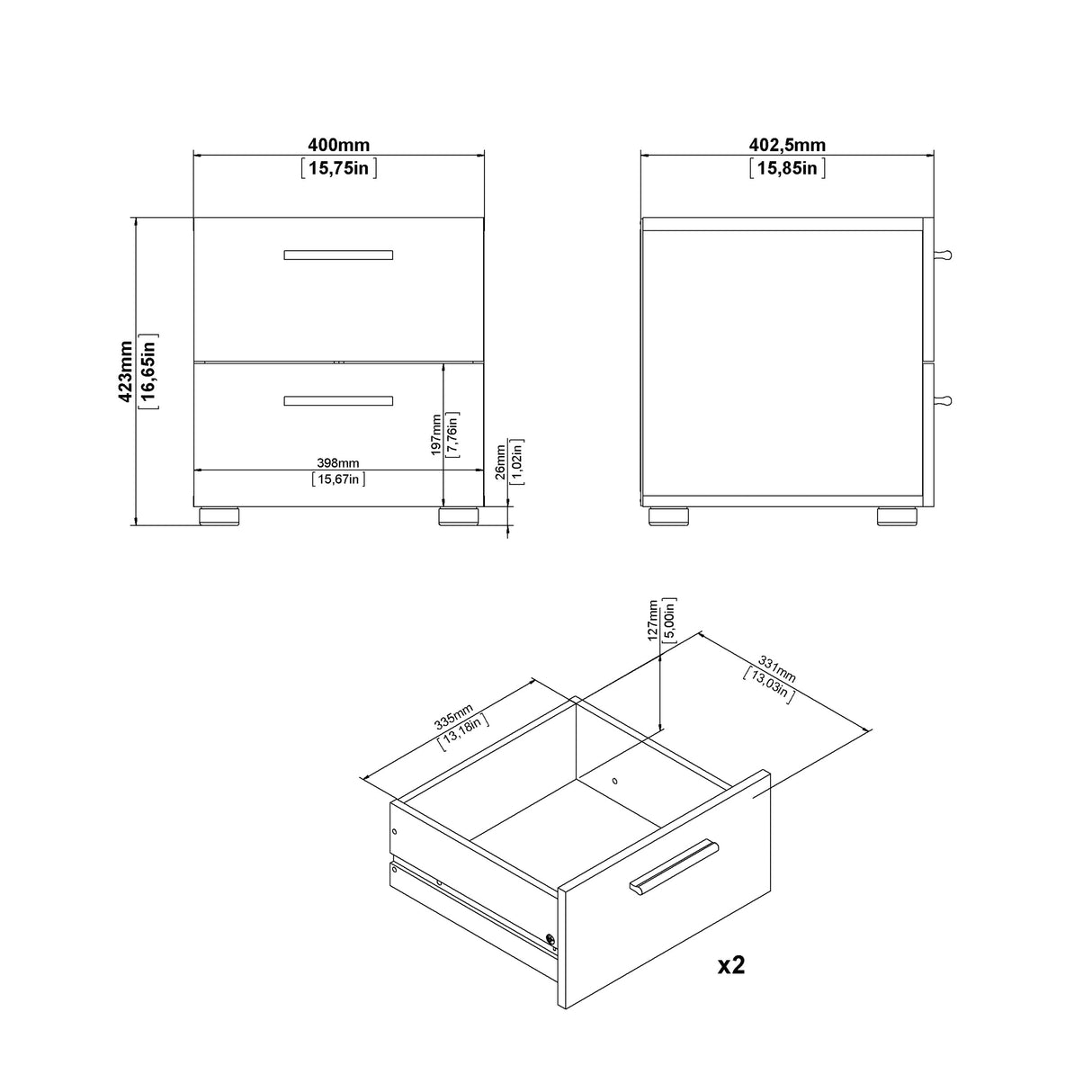 Pepe Package - Bedside 2 Drawers + Chest of 4 Drawers + Wardrobe with 2 Doors in Black
