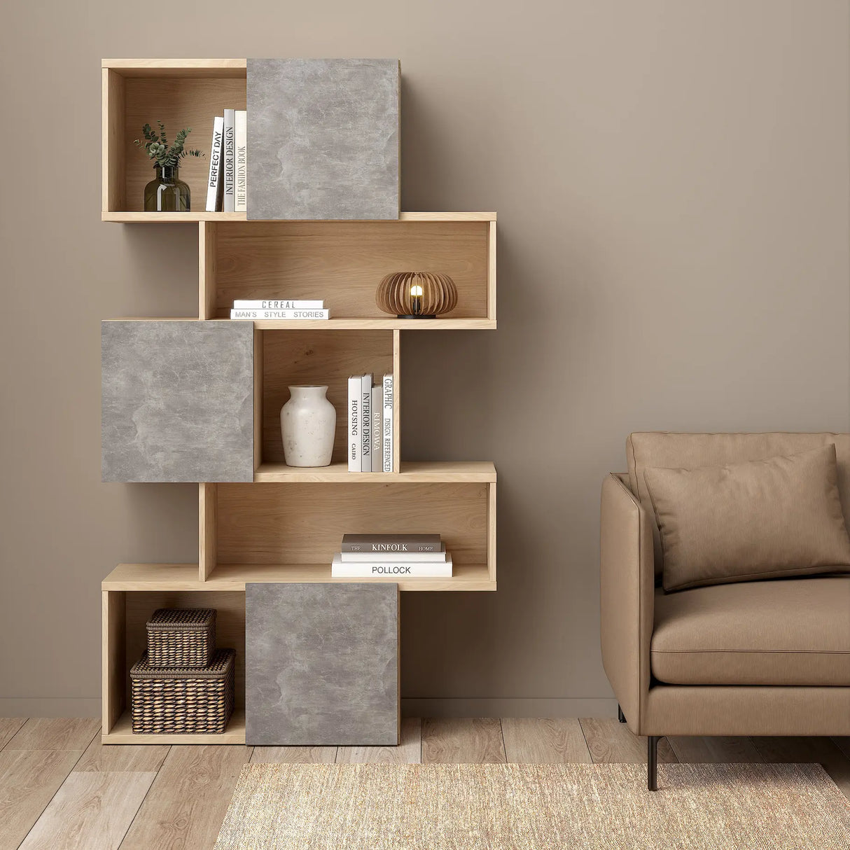 Maze Asymmetrical Bookcase with 3 Doors in Oak and Concrete
