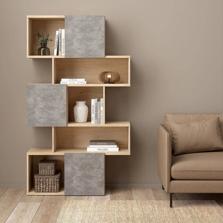 Maze Asymmetrical Bookcase with 3 Doors in Oak and Concrete
