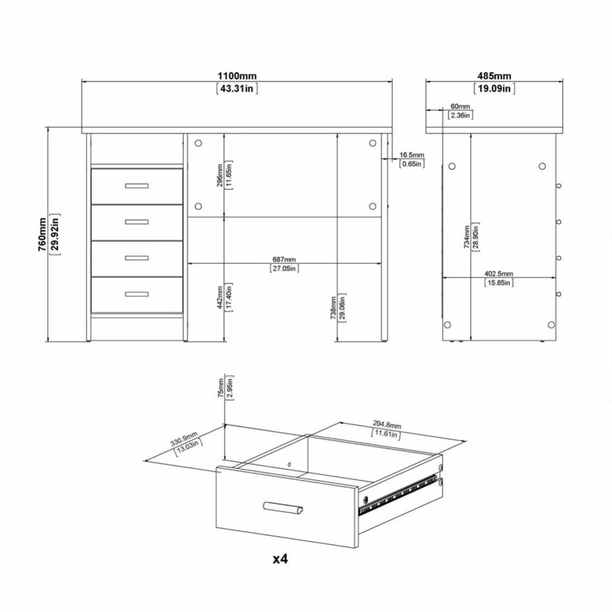 Function Plus Desk White 4 Drawers