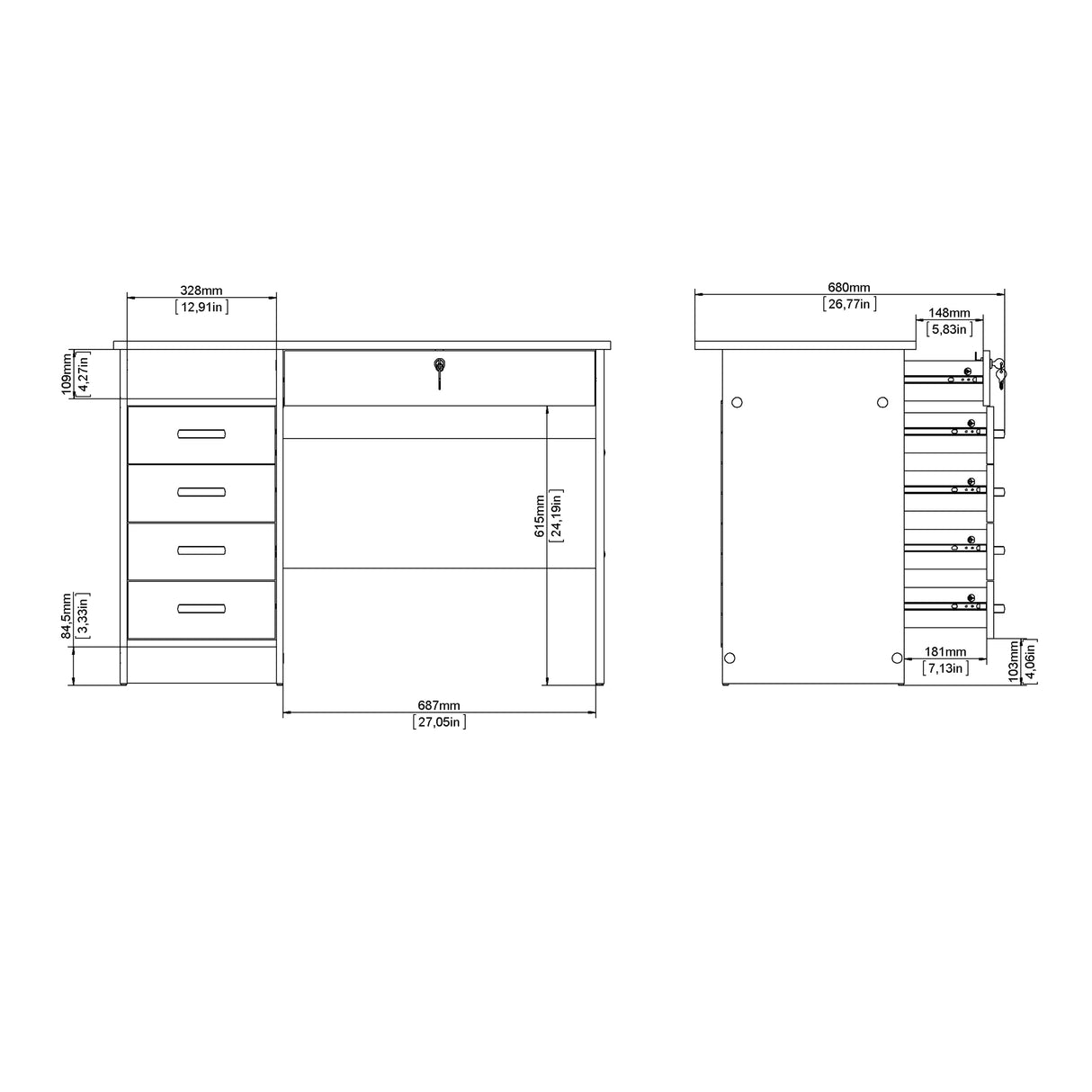 Function Plus Desk with 5 Drawers in White