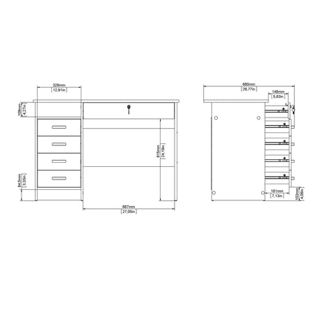 Function Plus Desk with 5 Drawers in White