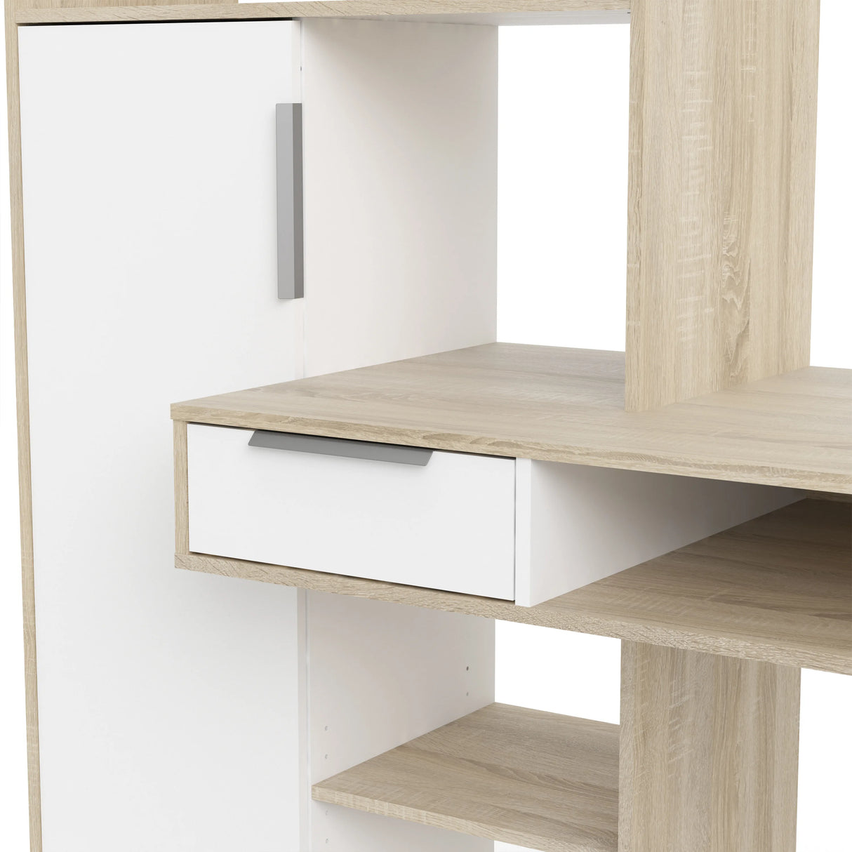 Function Plus Desk White and Oak with Drawer and Cupboard
