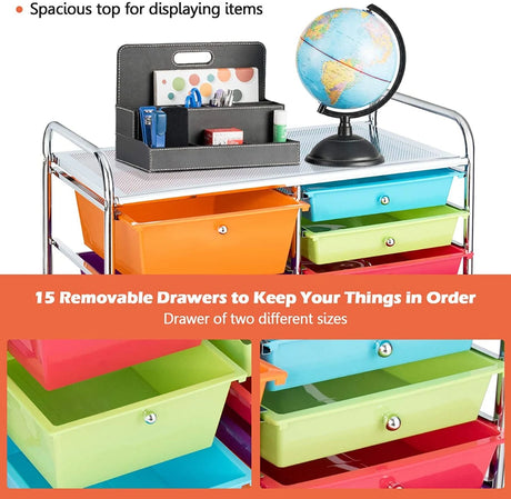 15 Drawer Rolling Storage Cart with Wheels for Home Office-Macaroon