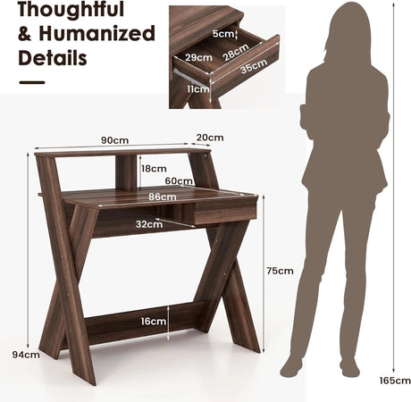 Small Computer Desk with Storage Drawer-Walnut