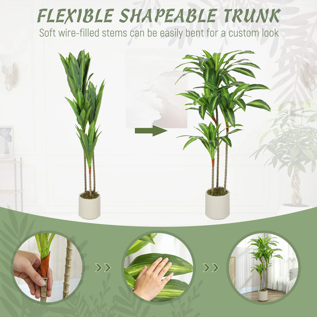 HOMCOM 120cm Artificial Dracaena Tree with Bendable Trunks - Green