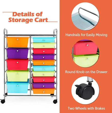 15 Drawer Rolling Storage Cart with Wheels for Home Office-Macaroon