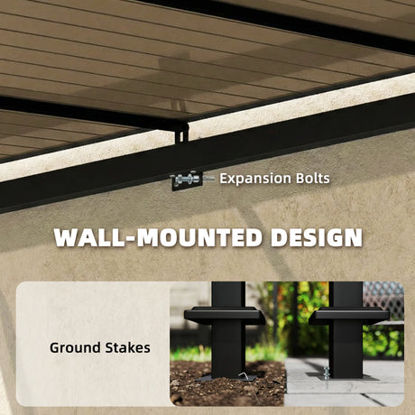 Outsunny 3 x 2.87 m Metal Lean-to Pergola, Wall-Mounted Hardtop Garden Pergola with Polycarbonate Roof and Metal-Aluminium Frame