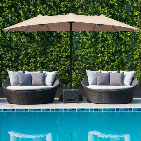 15 Ft Solar LED Patio Double-sided Umbrella Market Umbrella with Weight Base-Beige