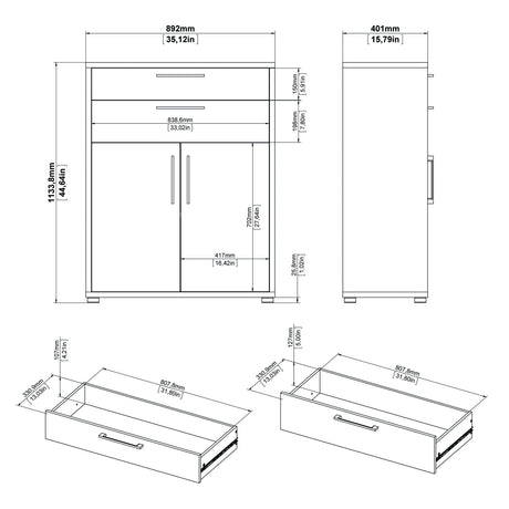 Prima Bookcase 3 Shelves with 2 Drawers 2 Doors In White