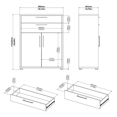 Prima Bookcase 1 Shelf with 2 Drawers and 2 Doors in Oak