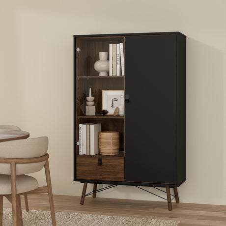 Ry China cabinet 1 door + 1 glass door + 1 drawer in Matt Black Walnut