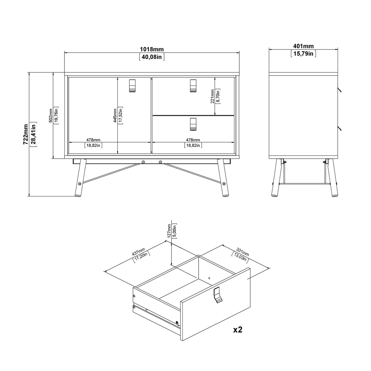 Ry Sideboard with 1 door + 2 drawers in Matt Matt White