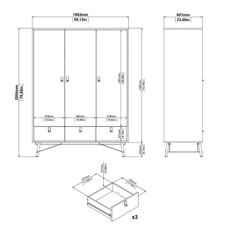 Ry Wardrobe 3 doors + 3 drawers in Matt Black Walnut