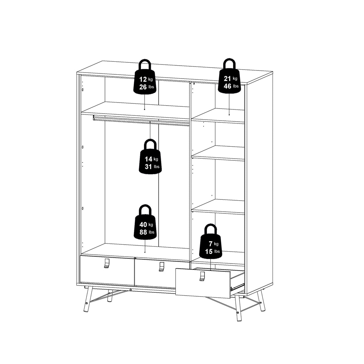 Ry Wardrobe 3 doors + 3 drawers in Matt Black Walnut