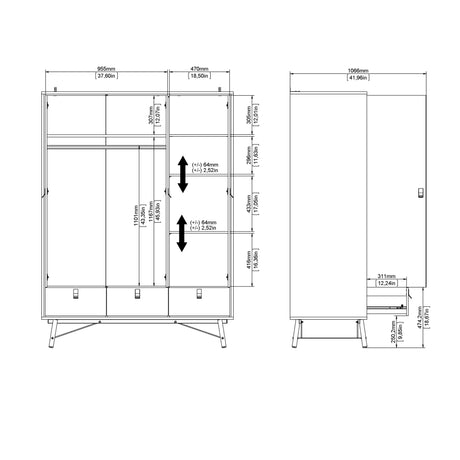 Ry Wardrobe 3 doors + 3 drawers in Matt White