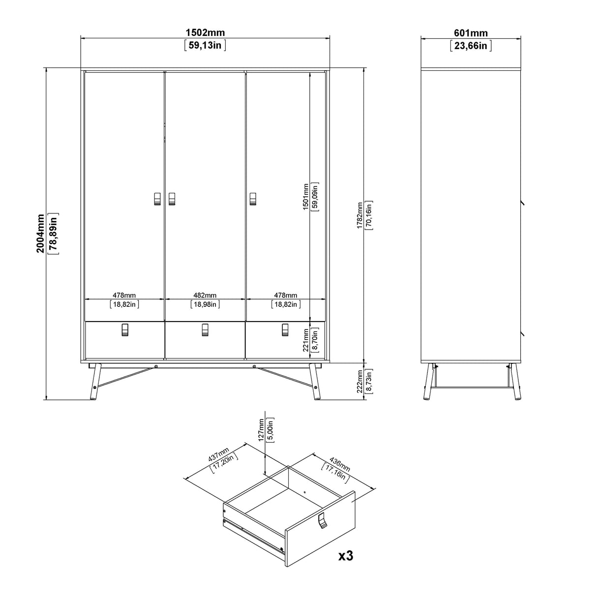 Ry Wardrobe 3 Doors 3 Drawers in Jackson Hickory Oak