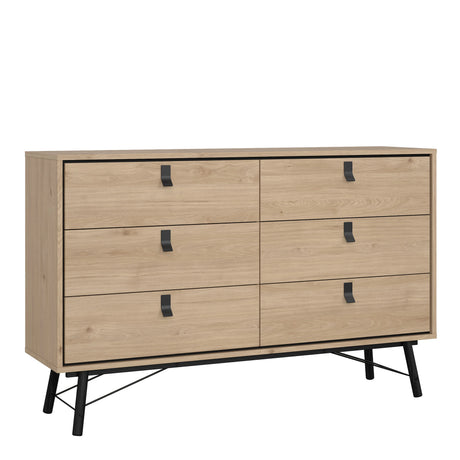 Ry Wide Chest of 6 Drawers in Hickory Oak