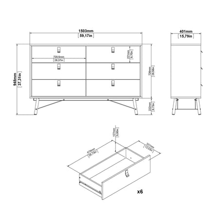 Ry Wide Chest of 6 Drawers in Hickory Oak
