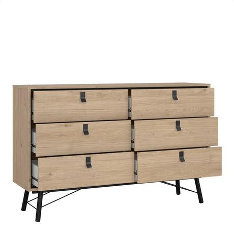Ry Wide Chest of 6 Drawers in Hickory Oak