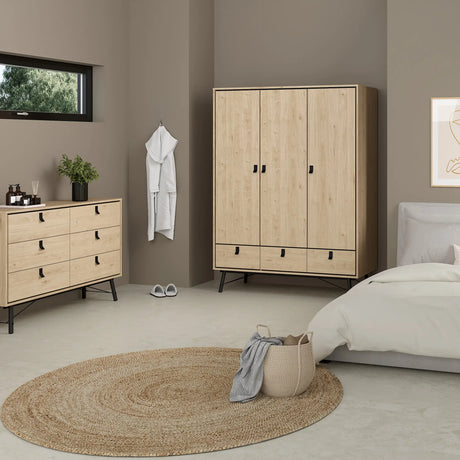 Ry Wide Chest of 6 Drawers in Hickory Oak